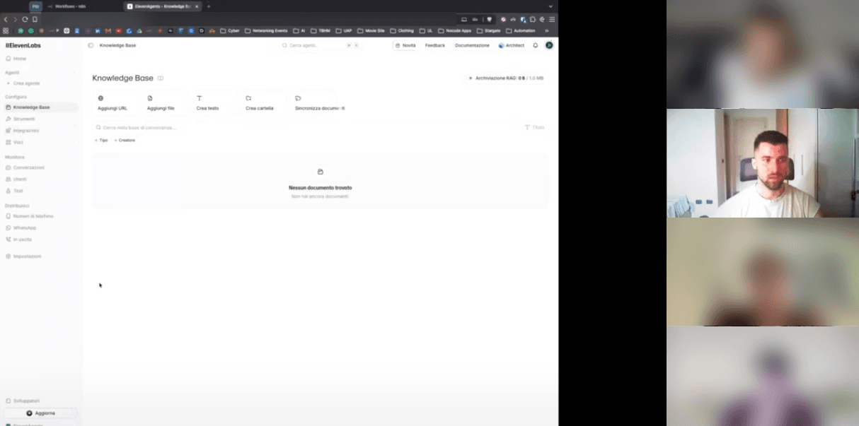 Video call with the Aspire team, screen sharing the ElevenLabs knowledge base setup