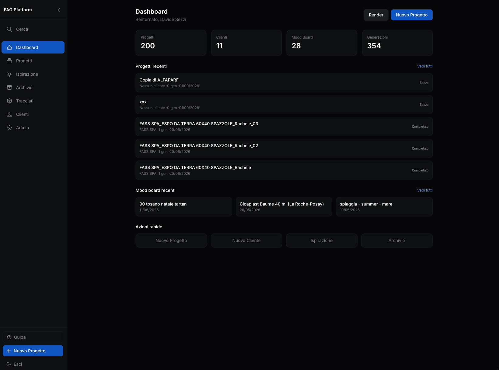 The FAG platform dashboard showing project counts, recent projects and mood boards